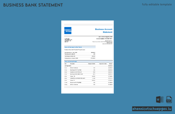 American Express Air Miles Unternehmenskontoauszug – Beispielansicht (Word und PDF)